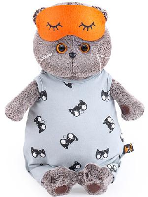 Кот Басик в сером комбинезоне и маске для сна 22 см от интернет-магазина Континент игрушек