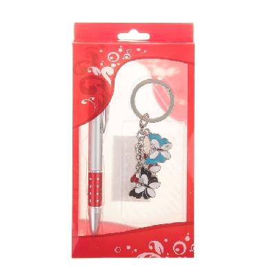 Набор подарочный 2в1: ручка, брелок "Бабочки", цвет красный