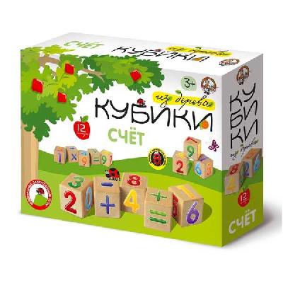 Кубики деревянные "Счет" 12 шт (Цв.цифры с эффектом объема на неокр. кубиках) от интернет-магазина Континент игрушек