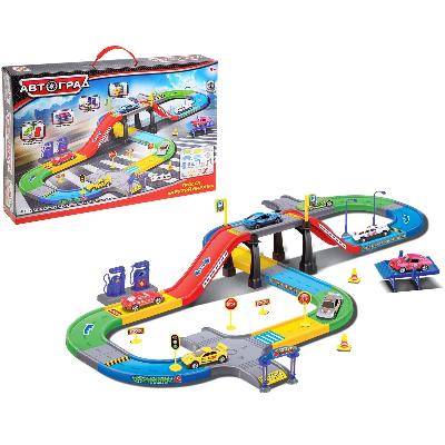 АВТОГРАД Гараж трасса "Крутой вираж", с 3 металлическими машинами № SL-2436А 1077182 от интернет-магазина Континент игрушек