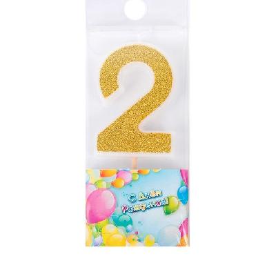 Свеча для торта "Блёстки" цифра 2, золотистая  от интернет-магазина Континент игрушек