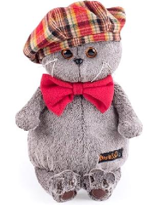 Кот Басик в красном клетчатом берете с бантом из флиса 19 см мягкая игрушка от интернет-магазина Континент игрушек