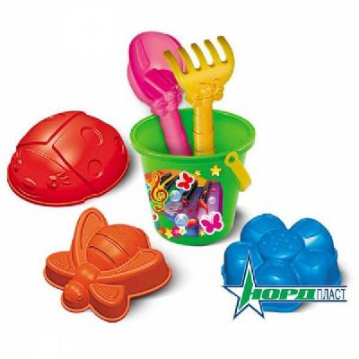 Набор для песка №79 (Формочки: бабочка,цветочек,божья коровка) лопатка, грабли, ведро среднее с печат от интернет-магазина Континент игрушек