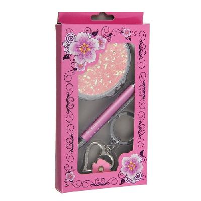 Набор подарочный 3в1 в коробке (ручка+брелок-сердце+зеркало круг) 15,5х9х1,8 см 