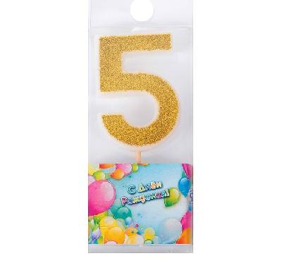 Свеча для торта "Блёстки" цифра 5, золотистая от интернет-магазина Континент игрушек