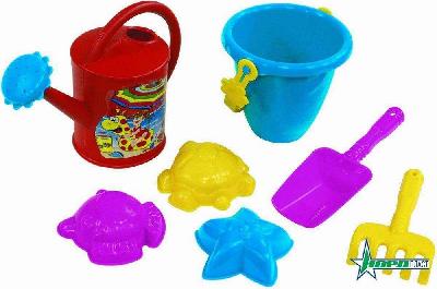 Набор для песка N15 (Ведерко Морское мал.+ лейка мал.+формочки Морские+совочек+грабли) 14х16х14 см.  от интернет-магазина Континент игрушек