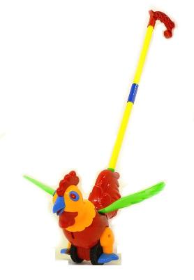 Каталка-петух на палке,звук,машет крыльями,несет яйца  в пак. 3 цв