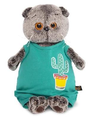 Мягкая игрушка кот Басик в изумрудном комбинезоне с кактусом 19 см от интернет-магазина Континент игрушек