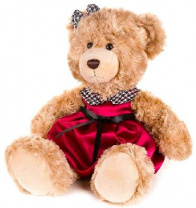 Мишка Моника в красном платье с клетчатым воротничком, 20 см